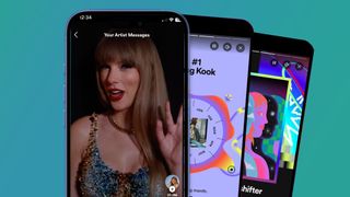 Three phones on a green background showing Spotify Wrapped 2023 screens