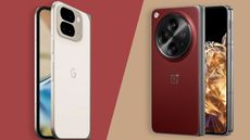 Press images of the Google Pixel 9 Pro Fold and OnePlus Open on a split-color background