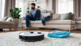 Robot vacuum at work at home generated by Adobe Firefly AI