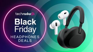 A pair of Apple AirPods Pro 2 and a pair of Sony WH-1000XM5 headphones are next to a sign saying Black Friday Headphones deals