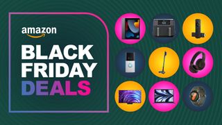 Collage of tech from the early Amazon Black Friday deals including an air fryer, Macbook, Samsung OLED TV, Bose headphones, Shark vacuum, and more