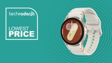 Samsung Galaxy Watch 7 in white on cyan background with lowest price TechRadar logo