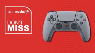 The 30th anniversary PS5 DualSense controller on a red background with white don't miss text